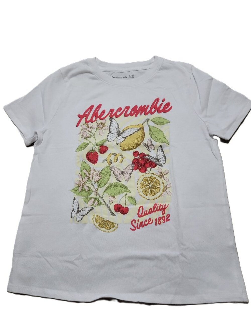 Abercrombie Kids Girls T-Shirt Fruit Butterfly Graphic White, s.11-12, NWOT